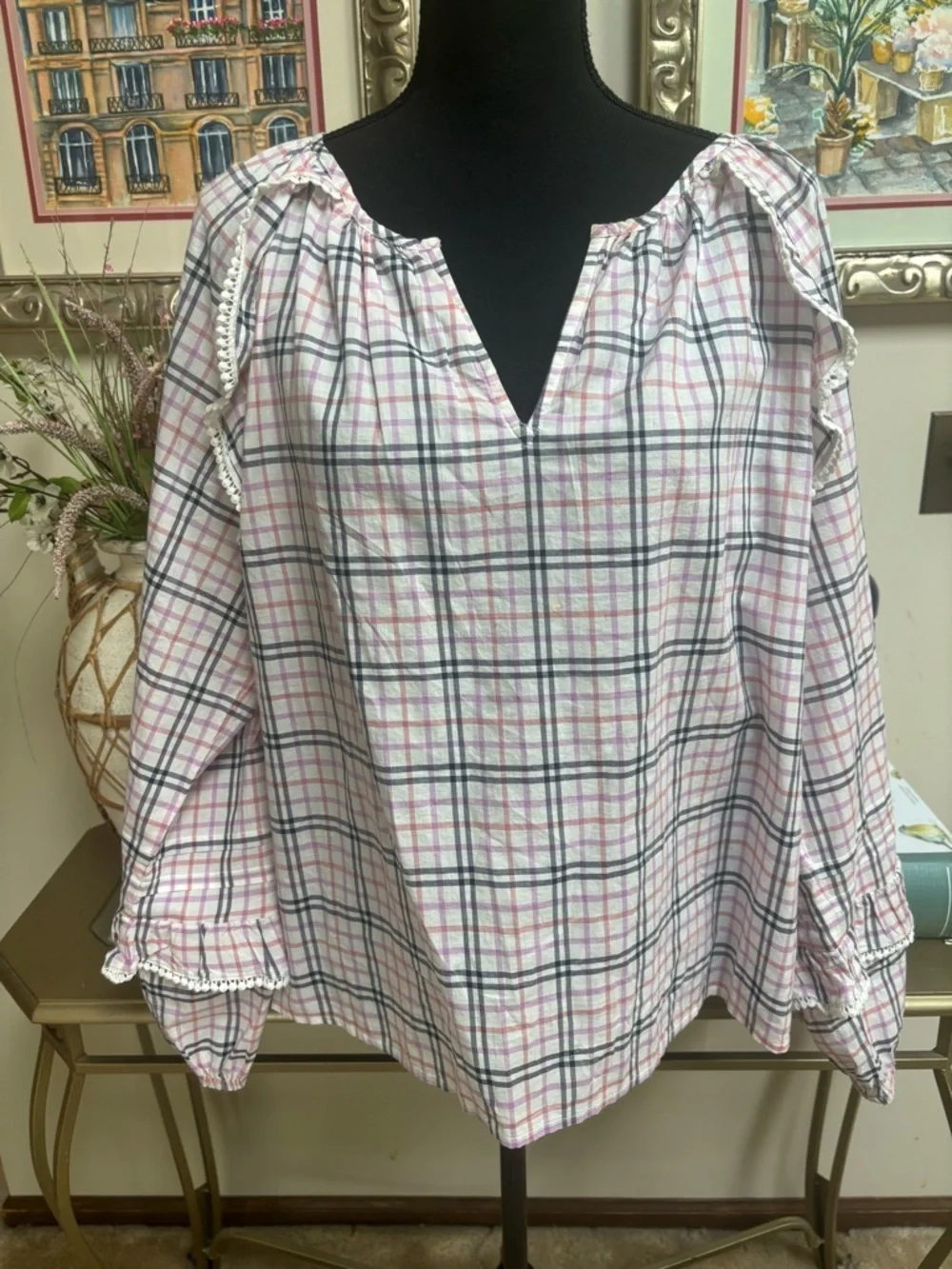 J. Crew Cotton Pink & Navy Plaid Ruffle Lace Trim Peasant Boho Top Blouse Sz L